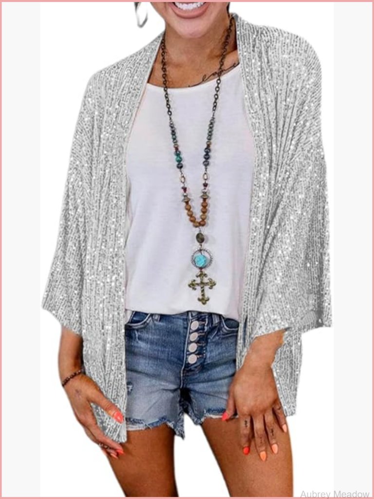 Sequin Cardigan Open Front Sparkle 3/4 Sleeve Shiny Party Evening Glitter